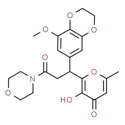 ChemSpider 2D Image | 3-Hydroxy-2-[1-(8-methoxy-2,3-dihydro-1,4-benzodioxin-6-yl)-3-(4-morpholinyl)-3-oxopropyl]-6-methyl-4H-pyran-4-one | C22H25NO8