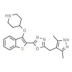 ChemSpider 2D Image | 2-((3,5-Dimethyl-1H-pyrazol-4-yl)methyl)-5-(3-(piperidin-4-yloxy)benzo[b]thiophen-2-yl)-1,3,4-oxadiazole | C21H23N5O2S