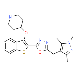 ChemSpider 2D Image | 2-(3-Piperidin-4-Yloxy-1-Benzothiophen-2-Yl)-5-[(1,3,5-Trimethylpyrazol-4-Yl)methyl]-1,3,4-Oxadiazole | C22H25N5O2S