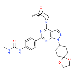 ChemSpider 2D Image | 1-(4-{1-(1,4-Dioxaspiro[4.5]dec-8-yl)-4-[(1R,5S)-8-oxa-3-azabicyclo[3.2.1]oct-3-yl]-1H-pyrazolo[3,4-d]pyrimidin-6-yl}phenyl)-3-methylurea | C27H33N7O4
