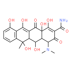 ChemSpider 2D Image | 4-(Dimethylamino)-1,5,6,10,11,12a-hexahydroxy-6-methyl-3,12-dioxo-3,4,4a,5,5a,6,12,12a-octahydro-2-tetracenecarboxamide | C22H24N2O9