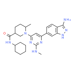 ChemSpider 2D Image | 1-[6-(3-Amino-1H-indazol-6-yl)-2-(methylamino)-4-pyrimidinyl]-N-cyclohexyl-6-methyl-3-piperidinecarboxamide | C25H34N8O