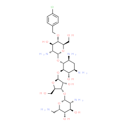 ChemSpider 2D Image | (1R,2R,3S,4R,6S)-4,6-Diamino-2-{[3-O-(2,6-diamino-2,6-dideoxy-beta-L-idopyranosyl)-beta-D-ribofuranosyl]oxy}-3-hydroxycyclohexyl 2-amino-4-O-(4-chlorobenzyl)-2-deoxy-alpha-D-glucopyranoside | C30H50ClN5O14