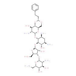 ChemSpider 2D Image | (1r,2r,3s,4r,6s)-4,6-Diamino-2-{[3-O-(2,6-Diamino-2,6-Dideoxy-Beta-L-Idopyranosyl)-Beta-D-Ribofuranosyl]oxy}-3-Hydroxycyclohexyl 2-Amino-2-Deoxy-4,6-O-[(1r)-3-Phenylpropylidene]-Alpha-D-Glucopyranoside | C32H53N5O14