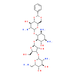 ChemSpider 2D Image | (1R,2R,3S,4R,6S)-4,6-Diamino-2-{[3-O-(2,6-diamino-2,6-dideoxy-beta-L-idopyranosyl)-beta-D-ribofuranosyl]oxy}-3-hydroxycyclohexyl 2-amino-4,6-O-benzylidene-2-deoxy-alpha-D-glucopyranoside | C30H49N5O14