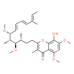 ChemSpider 2D Image | 2-[(3R,4R,5S,6R,7E,9E,11E)-4,6-Dimethoxy-3,5,11-trimethyl-7,9,11-tridecatrien-1-yl]-8-hydroxy-5,7-dimethoxy-3-methyl-4H-chromen-4-one | C30H42O7