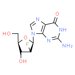 ChemSpider 2D Image | 2-Amino-9-(2-deoxy-2-fluoro-beta-D-arabinofuranosyl)-1,9-dihydro-6H-purin-6-one | C10H12FN5O4