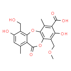ChemSpider 2D Image | 3,8-Dihydroxy-4-(hydroxymethyl)-9-(methoxymethyl)-1,6-dimethyl-11-oxo-11H-dibenzo[b,e][1,4]dioxepine-7-carboxylic acid | C19H18O9