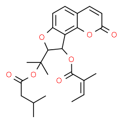 ChemSpider 2D Image | 8-{2-[(3-Methylbutanoyl)oxy]-2-propanyl}-2-oxo-8,9-dihydro-2H-furo[2,3-h]chromen-9-yl (2Z)-2-methyl-2-butenoate | C24H28O7