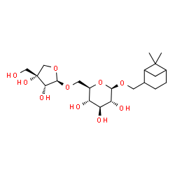 ChemSpider 2D Image | (6,6-Dimethylbicyclo[3.1.1]hept-2-yl)methyl 6-O-[(2R,3R,4R)-3,4-dihydroxy-4-(hydroxymethyl)tetrahydro-2-furanyl]-beta-D-glucopyranoside | C21H36O10
