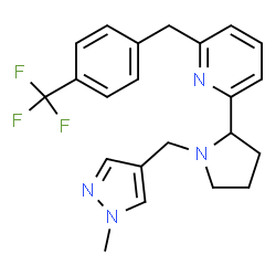 ChemSpider 2D Image | 2-{1-[(1-Methyl-1H-pyrazol-4-yl)methyl]-2-pyrrolidinyl}-6-[4-(trifluoromethyl)benzyl]pyridine | C22H23F3N4