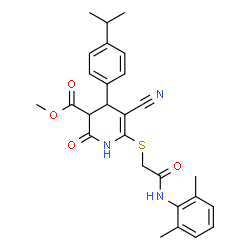 ChemSpider 2D Image | Methyl 5-cyano-6-({2-[(2,6-dimethylphenyl)amino]-2-oxoethyl}sulfanyl)-4-(4-isopropylphenyl)-2-oxo-1,2,3,4-tetrahydro-3-pyridinecarboxylate | C27H29N3O4S
