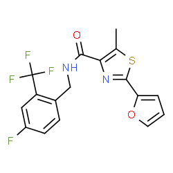 ChemSpider 2D Image | N-[4-Fluoro-2-(trifluoromethyl)benzyl]-2-(2-furyl)-5-methyl-1,3-thiazole-4-carboxamide | C17H12F4N2O2S