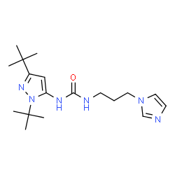 ChemSpider 2D Image | 1-[1,3-Bis(2-methyl-2-propanyl)-1H-pyrazol-5-yl]-3-[3-(1H-imidazol-1-yl)propyl]urea | C18H30N6O