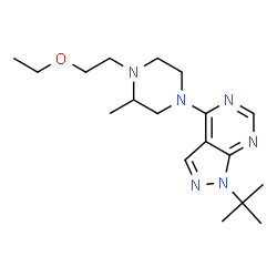 ChemSpider 2D Image | 4-[4-(2-Ethoxyethyl)-3-methyl-1-piperazinyl]-1-(2-methyl-2-propanyl)-1H-pyrazolo[3,4-d]pyrimidine | C18H30N6O