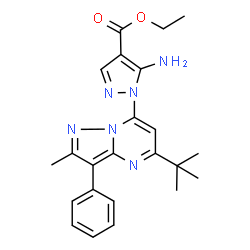 ChemSpider 2D Image | ethyl 5-amino-1-(5-tert-butyl-2-methyl-3-phenylpyrazolo[1,5-a]pyrimidin-7-yl)-1H-pyrazole-4-carboxylate | C23H26N6O2