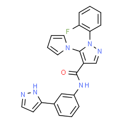 ChemSpider 2D Image | 1-(2-Fluorophenyl)-N-[3-(1H-pyrazol-5-yl)phenyl]-5-(1H-pyrrol-1-yl)-1H-pyrazole-4-carboxamide | C23H17FN6O