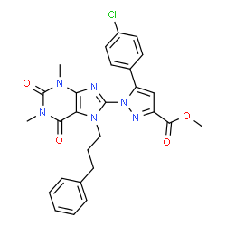 ChemSpider 2D Image | Methyl 5-(4-chlorophenyl)-1-[1,3-dimethyl-2,6-dioxo-7-(3-phenylpropyl)-2,3,6,7-tetrahydro-1H-purin-8-yl]-1H-pyrazole-3-carboxylate | C27H25ClN6O4