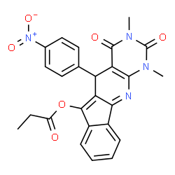 ChemSpider 2D Image | 1,3-Dimethyl-5-(4-nitrophenyl)-2,4-dioxo-2,3,4,5-tetrahydro-1H-indeno[2',1':5,6]pyrido[2,3-d]pyrimidin-6-yl propionate | C25H20N4O6
