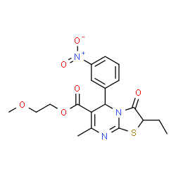 ChemSpider 2D Image | 2-Methoxyethyl 2-ethyl-7-methyl-5-(3-nitrophenyl)-3-oxo-2,3-dihydro-5H-[1,3]thiazolo[3,2-a]pyrimidine-6-carboxylate | C19H21N3O6S