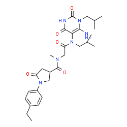 ChemSpider 2D Image | N-{2-[(6-Amino-1-isobutyl-2,4-dioxo-1,2,3,4-tetrahydro-5-pyrimidinyl)(isobutyl)amino]-2-oxoethyl}-1-(4-ethylphenyl)-N-methyl-5-oxo-3-pyrrolidinecarboxamide | C28H40N6O5