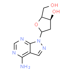 ChemSpider 2D Image | 1-[(4xi)-2-Deoxy-D-glycero-pentofuranosyl]-1H-pyrazolo[3,4-d]pyrimidin-4-amine | C10H13N5O3