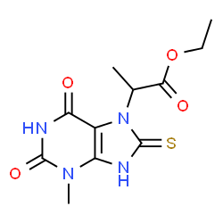 ChemSpider 2D Image | Ethyl 2-(3-methyl-2,6-dioxo-8-sulfanyl-1,2,3,6-tetrahydro-7H-purin-7-yl)propanoate | C11H14N4O4S