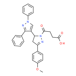 ChemSpider 2D Image | 4-[5-(4-Methoxyphenyl)-1',3'-diphenyl-3,4-dihydro-1'H,2H-3,4'-bipyrazol-2-yl]-4-oxobutanoic acid | C29H26N4O4