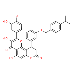 ChemSpider 2D Image | 2-(3,4-Dihydroxyphenyl)-3,5-dihydroxy-10-{3-[(4-isopropylbenzyl)oxy]phenyl}-9,10-dihydro-4H,8H-pyrano[2,3-f]chromene-4,8-dione | C34H28O9