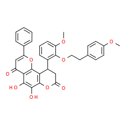 ChemSpider 2D Image | 5,6-Dihydroxy-10-{3-methoxy-2-[2-(4-methoxyphenyl)ethoxy]phenyl}-2-phenyl-9,10-dihydro-4H,8H-pyrano[2,3-f]chromene-4,8-dione | C34H28O9