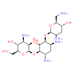 ChemSpider 2D Image | (1S,2S,3R,4S,6S)-4,6-Diamino-3-[(3-amino-3-deoxy-beta-L-mannopyranosyl)oxy]-2-hydroxycyclohexyl 2,6-diamino-2,3,6-trideoxy-beta-L-arabino-hexopyranoside | C18H37N5O9