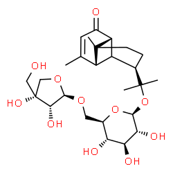 ChemSpider 2D Image | 2-[(1R,3R,7R)-6,8-Dimethyl-10-oxotricyclo[4.4.0.0~2,7~]dec-8-en-3-yl]-2-propanyl 6-O-[(2R,3R,4R)-3,4-dihydroxy-4-(hydroxymethyl)tetrahydro-2-furanyl]-beta-D-glucopyranoside | C26H40O11