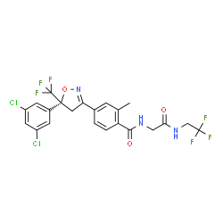ChemSpider 2D Image | 4-[(5R)-5-(3,5-Dichlorophenyl)-4,5-dihydro-5-(trifluoromethyl)-3-isoxazolyl]-2-methyl-N-[2-oxo-2-[(2,2,2-trifluoroethyl)amino]ethyl]benzamide | C22H17Cl2F6N3O3