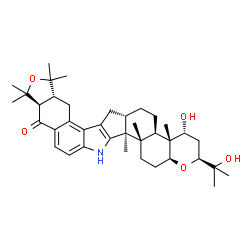 ChemSpider 2D Image | (2S,4R,4aR,4bR,6aS,8aR,11aR,15bS,15cS,17aS)-4-Hydroxy-2-(2-hydroxy-2-propanyl)-4a,9,9,11,11,15b,15c-heptamethyl-3,4,4a,5,6,6a,7,8,8a,9,11,11a,15,15b,15c,16,17,17a-octadecahydro-2H-[2]benzofuro[5,6-e]c
hromeno[5',6':6,7]indeno[1,2-b]indol-12(4bH)-one | C38H53NO5
