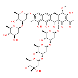 ChemSpider 2D Image | (1S,4aS,12aS)-3-Acetyl-9-{[2,6-dideoxy-3-O-(2,6-dideoxy-beta-D-arabino-hexopyranosyl)-beta-D-arabino-hexopyranosyl]oxy}-2,6,7-trihydroxy-1-methoxy-8-methyl-4,5-dioxo-1,5,12,12a-tetrahydro-4a(4H)-tetra
cenyl 2,6-dideoxy-3-C-methyl-beta-D-ribo-hexopyranosyl-(1->3)-2,6-dideoxy-beta-D-lyxo-hexopyranosyl-(1->3)-2,6-dideoxy-beta-D-arabino-hexopyranoside | C53H72O24