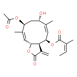 ChemSpider 2D Image | (3aS,4R,5Z,7S,9S,10Z,11aR)-9-Acetoxy-7-hydroxy-6,10-dimethyl-3-methylene-2-oxo-2,3,3a,4,7,8,9,11a-octahydrocyclodeca[b]furan-4-yl (2Z)-2-methyl-2-butenoate | C22H28O7