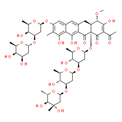 ChemSpider 2D Image | (1S,4aS,12aS)-3-Acetyl-9-{[2,6-dideoxy-3-O-(2,6-dideoxy-alpha-D-lyxo-hexopyranosyl)-beta-D-lyxo-hexopyranosyl]oxy}-2,6,7-trihydroxy-1-methoxy-8-methyl-4,5-dioxo-1,5,12,12a-tetrahydro-4a(4H)-tetracenyl
 2,6-dideoxy-3-C-methyl-alpha-L-arabino-hexopyranosyl-(1->3)-2,6-dideoxy-beta-D-arabino-hexopyranosyl-(1->3)-2,6-dideoxy-beta-D-arabino-hexopyranoside | C53H72O24