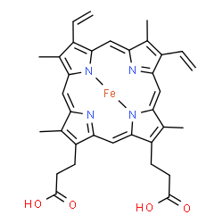 ChemSpider 2D Image | [3,3'-(3,7,12,17-Tetramethyl-8,13-divinyl-2,18-porphyrindiyl-kappa~2~N~22~,N~24~)dipropanoato(2-)]iron | C34H32FeN4O4