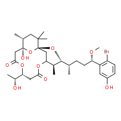 ChemSpider 2D Image | (1S,3R,4S,9R,13S,14R)-3-[(2S,5S)-5-(2-Bromo-5-hydroxyphenyl)-5-methoxy-2-pentanyl]-13-hydroxy-9-[(1R)-1-hydroxyethyl]-4,14,16,16-tetramethyl-2,6,10,17-tetraoxatricyclo[11.3.1.1~1,5~]octadecane-7,11-di
one | C32H47BrO10