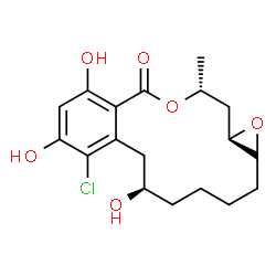 ChemSpider 2D Image | (1aR,6R,14R,15aR)-8-Chloro-6,9,11-trihydroxy-14-methyl-1a,2,3,4,5,6,7,14,15,15a-decahydro-12H-oxireno[e][2]benzoxacyclotetradecin-12-one | C18H23ClO6