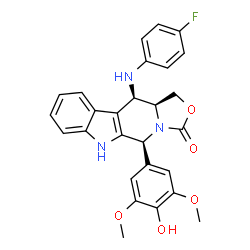 ChemSpider 2D Image | (5S,11R,11aS)-11-[(4-Fluorophenyl)amino]-5-(4-hydroxy-3,5-dimethoxyphenyl)-5,6,11,11a-tetrahydro-1H-[1,3]oxazolo[3',4':1,6]pyrido[3,4-b]indol-3-one | C27H24FN3O5
