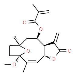 ChemSpider 2D Image | (1R,2Z,4R,8R,9R,11S)-1-Methoxy-2,11-dimethyl-7-methylene-6-oxo-5,14-dioxatricyclo[9.2.1.0~4,8~]tetradec-2-en-9-yl methacrylate | C20H26O6