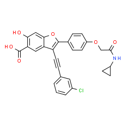 ChemSpider 2D Image | 3-[(3-Chlorophenyl)ethynyl]-2-{4-[2-(cyclopropylamino)-2-oxoethoxy]phenyl}-6-hydroxy-1-benzofuran-5-carboxylic acid | C28H20ClNO6