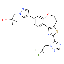 ChemSpider 2D Image | 2-Methyl-1-(4-{2-[1-(2,2,2-trifluoroethyl)-1H-1,2,4-triazol-5-yl]-4,5-dihydro[1]benzoxepino[5,4-d][1,3]thiazol-8-yl}-1H-pyrazol-1-yl)-2-propanol | C22H21F3N6O2S