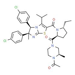 ChemSpider 2D Image | (5r,6s)-2-[((2s,5r)-2-{[(3r)-4-Acetyl-3-Methylpiperazin-1-Yl]carbonyl}-5-Ethylpyrrolidin-1-Yl)carbonyl]-5,6-Bis(4-Chlorophenyl)-3-Isopropyl-6-Methyl-5,6-Dihydroimidazo[2,1-B][1,3]thiazole | C36H43Cl2N5O3S