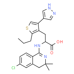 ChemSpider 2D Image | N-(6-Chloro-3,3-dimethyl-3,4-dihydro-1-isoquinolinyl)-3-[2-propyl-4-(1H-pyrazol-4-yl)-3-thienyl]alanine | C24H27ClN4O2S