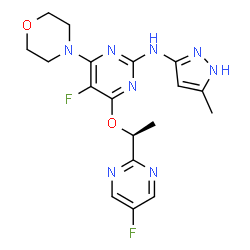 ChemSpider 2D Image | 5-Fluoro-4-[(1s)-1-(5-Fluoropyrimidin-2-Yl)ethoxy]-N-(5-Methyl-1h-Pyrazol-3-Yl)-6-Morpholino-Pyrimidin-2-Amine | C18H20F2N8O2