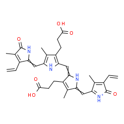 ChemSpider 2D Image | 3-[2-[[3-(2-carboxyethyl)-4-methyl-5-[(4-methyl-5-oxo-3-vinyl-pyrrol-2-ylidene)methyl]-1H-pyrrol-2-yl]methylene]-4-methyl-5-[(3-methyl-5-oxo-4-vinyl-pyrrol-1-ium-2-yl)methylene]pyrrol-3-yl]propanoic acid | C33H35N4O6