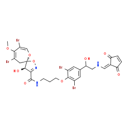 ChemSpider 2D Image | (4R,5R)-8,10-Dibromo-N-{3-[2,6-dibromo-4-(2-{[(2,5-dioxo-3-cyclopenten-1-ylidene)methyl]amino}-1-hydroxyethyl)phenoxy]propyl}-4-hydroxy-9-methoxy-1,6-dioxa-2-azaspiro[4.6]undeca-2,7,9-triene-3-carboxa
mide | C27H25Br4N3O9