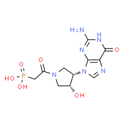 ChemSpider 2D Image | {2-[(3S,4R)-3-(2-Amino-6-oxo-1,6-dihydro-9H-purin-9-yl)-4-hydroxy-1-pyrrolidinyl]-2-oxoethyl}phosphonic acid | C11H15N6O6P